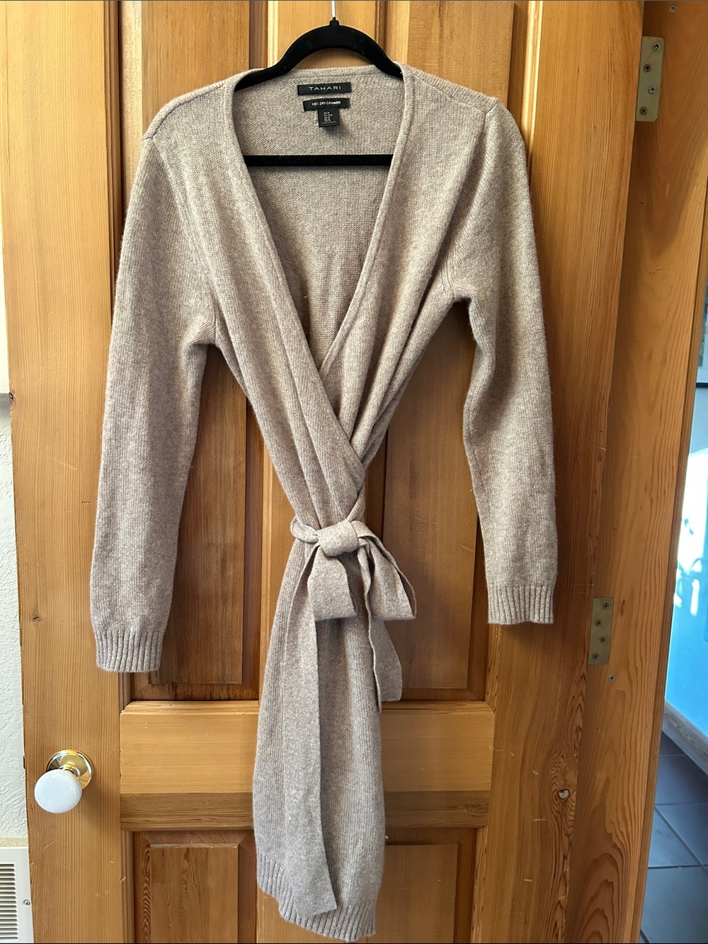 Tahari Taupe Wrap Cardigan with Self Tie